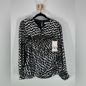 NWT Zara Black and Metallic Silver Print Blouse & Skirt